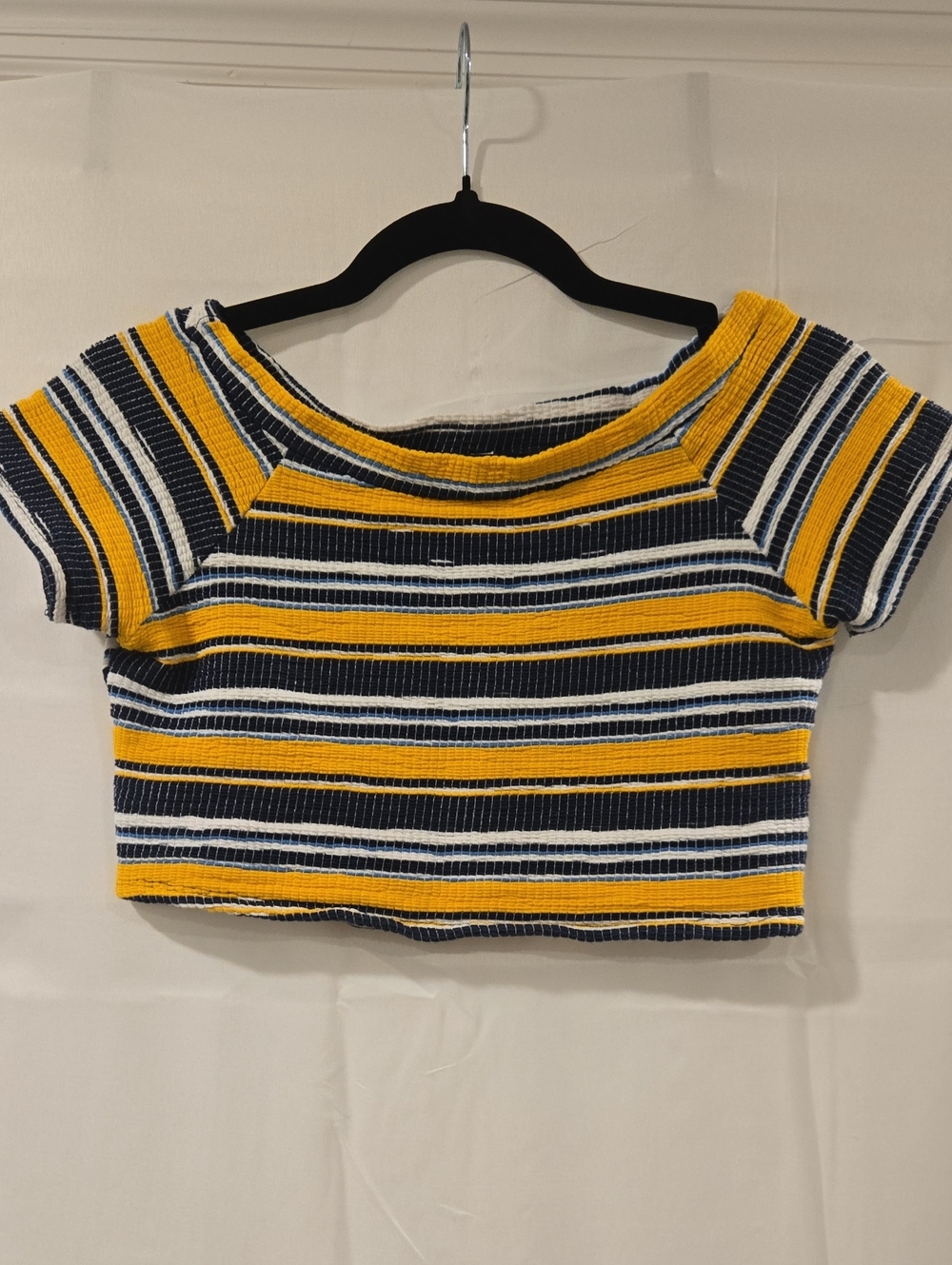 Zara Trafaluc Striped Crop Top - Yellow, Navy, and White Ribbed Knit